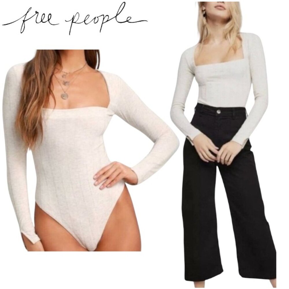 Free People Cream Square Neck Ribbed Long Sleeve Thong Bodysuit XS